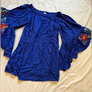 Blue off the shoulder Dress with bell sleeves and flower embroidery.